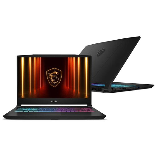 Na zdjęciu widoczny jest laptop z logo "MSI" na dolnej ramce ekranu, który wyświetla grafikę z pomarańczowymi i czerwonymi liniami oraz emblematem smoka. Klawiatura laptopa jest podświetlona w różnych kolorach, a w tle widać zamknięty laptop z tym samym l