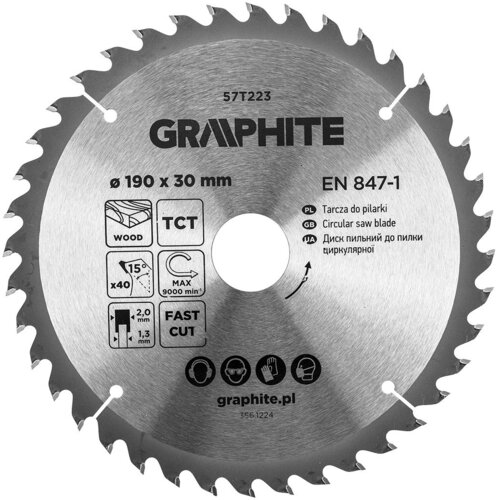 Na zdjęciu widoczna jest tarcza do cięcia z oznaczeniami: "GRAPHITE 57T223", "Ø 190 x 30 mm", "EN 847-1", oraz piktogramami wskazującymi na zastosowanie do drewna, technologię TCT, maksymalną prędkość 9000 obr/min, kąt 15°, 40 zębów, grubość 2,0 mm i 1,3 