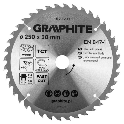 Srebrna tarcza do cięcia z widocznymi zębami, oznaczona jako GRAPHITE 57T231, o średnicy 250 mm i otworze 30 mm, z oznaczeniami dotyczącymi materiału (drewno), technologii (TCT), kąta cięcia (15°), maksymalnej prędkości (7000 min⁻¹) oraz grubości (2,4 mm 