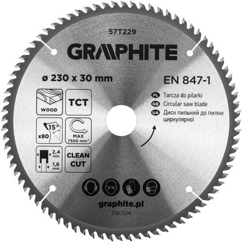 Na zdjęciu znajduje się okrągła tarcza do cięcia z metalu z widocznymi zębami na krawędzi, oznaczona jako "GRAPHITE 57T229" o średnicy 230 mm i otworze 30 mm. Na tarczy widnieją napisy: "TCT", "CLEAN CUT", "EN 847-1", "Tarcza do pilarki", "Circular saw bl