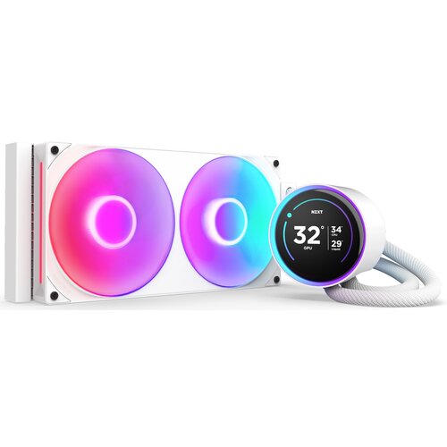 Na zdjęciu znajduje się biały system chłodzenia wodnego z dwoma wentylatorami RGB, które emitują kolorowe światło. Obok widoczny jest okrągły wyświetlacz z napisem "NZXT" oraz informacjami: "32° GPU", "34°" i "29° Liquid".