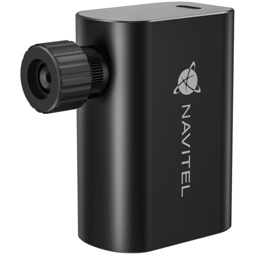 Czarna, kompaktowa pompka rowerowa z widocznym logo "NAVITEL" oraz symbolem przypominającym atom. Pompka ma cylindryczny kształt z dyszą po jednej stronie.