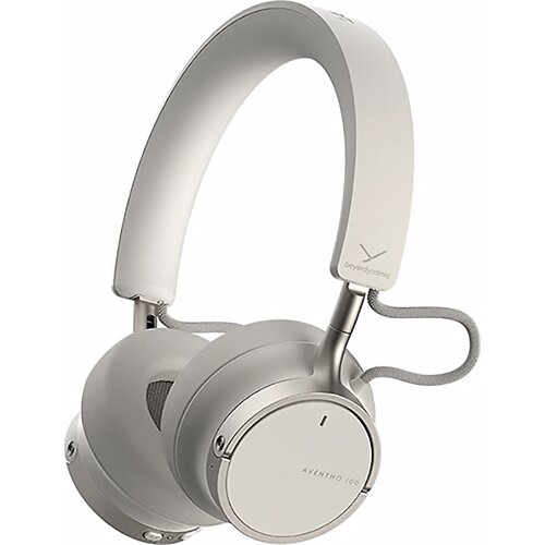 Kremowe słuchawki nauszne z widocznym logo "beyerdynamic" na pałąku oraz napisem "AVENTHO 100" na nausznicy. Słuchawki mają elegancki, minimalistyczny design z metalicznymi akcentami.