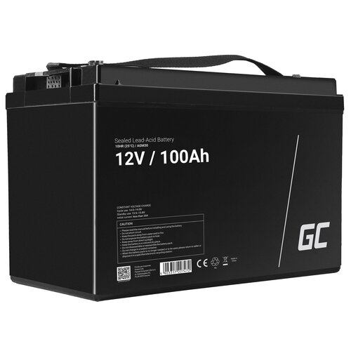 Czarny akumulator z białymi napisami: "Sealed Lead-Acid Battery 10HR (25°C) / AGM30 12V / 100Ah". Na dole znajduje się sekcja z instrukcjami i ostrzeżeniami oraz logo "GC".