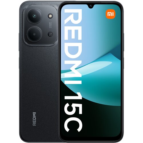 Czarny smartfon z dużym ekranem, na którym widoczny jest napis "REDMI 15C" oraz logo "mi" w pomarańczowym kwadracie. Obok ekranu widoczny jest tył urządzenia z trzema aparatami i napisem "REDMI".