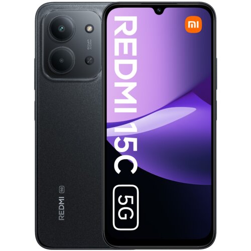 Smartfon z dużym wyświetlaczem, na którym widoczny jest napis "REDMI 15C 5G" oraz logo "mi". Obok ekranu znajduje się tył urządzenia z dwoma dużymi obiektywami aparatu i napisem "REDMI 5G".