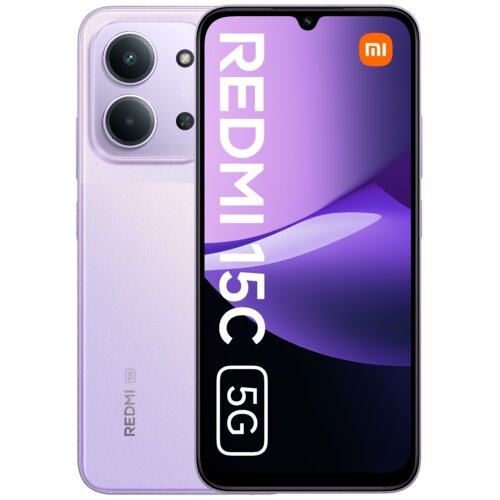 Fioletowy smartfon z dużym wyświetlaczem, na którym widoczny jest napis "REDMI 15C" oraz ikona "5G". W lewym górnym rogu ekranu znajduje się logo "mi", a na obudowie z tyłu widoczne są dwa aparaty fotograficzne.