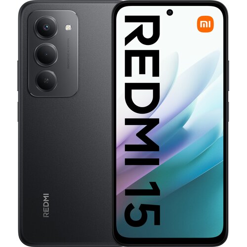 Smartfon z dużym ekranem, na którym widoczny jest napis "REDMI 15" oraz logo "mi" w pomarańczowym kwadracie. Obok ekranu znajduje się tył urządzenia z trzema obiektywami aparatu i napisem "INNOVATIVE CAMERA" oraz "REDMI".