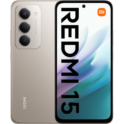 Smartfon z trzema aparatami z tyłu i ekranem z napisem "REDMI 15" oraz logo "mi" w rogu. Obudowa jest w kolorze tytanowym, a na module aparatu widnieje napis "INNOVATIVE AI CAMERA".