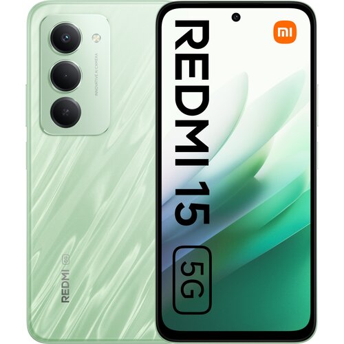 Zielony smartfon z trzema aparatami z tyłu i wyświetlaczem z przodu, na którym widnieje napis "REDMI 15 5G". W prawym górnym rogu ekranu znajduje się logo "mi".