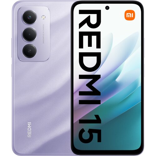 Fioletowy smartfon z trzema aparatami z tyłu, z napisem "INNOVATIVE AI CAMERA" obok obiektywów oraz logo "REDMI" na obudowie. Na ekranie widoczny jest napis "REDMI 15" oraz logo "mi" w pomarańczowym kółku.
