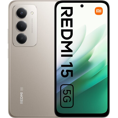Na zdjęciu widoczny jest smartfon z wyświetlaczem pokazującym napis "REDMI 15 5G" oraz logo "mi" w prawym górnym rogu. Obok ekranu znajduje się tył urządzenia z trzema aparatami i napisem "INNOVATIVE CAMERA" oraz logo "REDMI 5G".