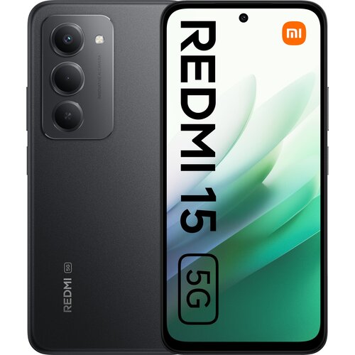 Czarny smartfon z trzema aparatami z tyłu, obok którego widoczny jest ekran z napisem "REDMI 15 5G" oraz logo "mi" w pomarańczowym kółku. Na obudowie z tyłu znajduje się napis "REDMI 5G".