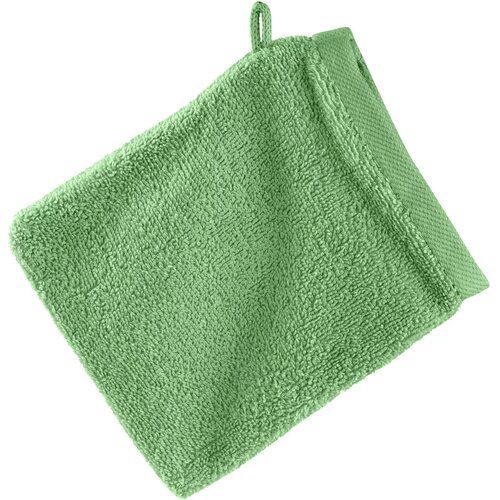 Zielona myjka kąpielowa o wymiarach 16 x 21 cm, wykonana z materiału o gładkiej teksturze, z pętelką do zawieszenia. Produkt ma prostokątny kształt i jednolitą kolorystykę.