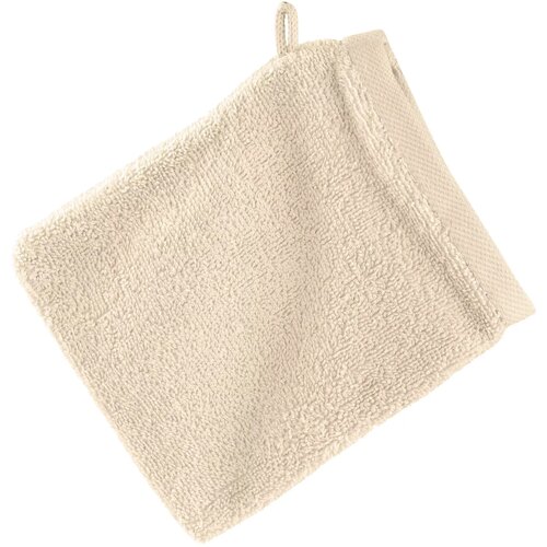 Ciemnobeżowa myjka kąpielowa o wymiarach 16 x 21 cm, wykonana z materiału o gładkiej fakturze, z pętelką do zawieszenia. Produkt nie zawiera widocznych napisów ani logo.