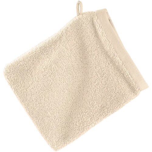 Ciemnobeżowa myjka kąpielowa o wymiarach 16 x 21 cm, wykonana z materiału frotte, z pętelką do zawieszenia. Produkt ma prostokątny kształt i jednolitą teksturę.