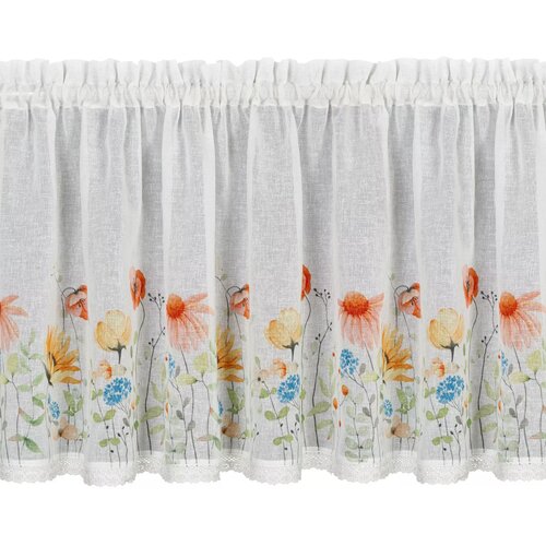 Biała firana o wymiarach 150 x 60 cm z kolorowym, kwiatowym wzorem na dolnej części. Wzór przedstawia różnobarwne kwiaty w odcieniach pomarańczowego, żółtego i niebieskiego, z zielonymi liśćmi.