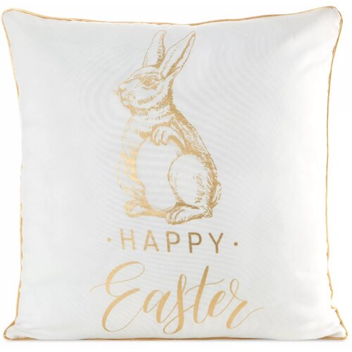 Biała poszewka z nadrukiem złotego zająca oraz napisem "HAPPY EASTER". Krawędzie poszewki są obszyte złotą nicią.