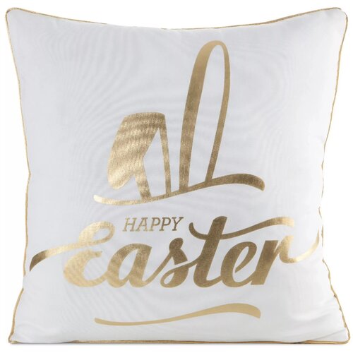 Biała poszewka z nadrukiem w złotym kolorze przedstawiającym napis "Happy Easter" oraz stylizowany motyw zająca. Krawędzie poszewki są obszyte złotą lamówką.