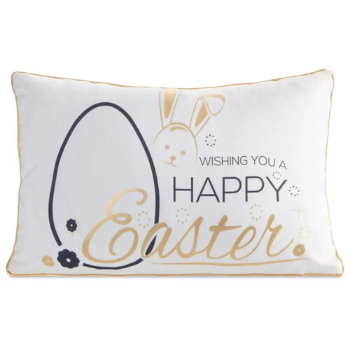 Biała poszewka z nadrukiem przedstawiającym kontur jajka, zajączka oraz kwiatki, z napisem "Wishing you a Happy Easter" w kolorach złotym i czarnym. Poszewka ma delikatne złote obszycie na krawędziach.