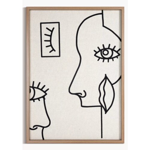 Obraz przedstawia minimalistyczny rysunek twarzy w stylu line art, wykonany czarną linią na beżowym tle, w drewnianej ramie. Na obrazie widoczne są kontury dwóch twarzy oraz prostokąt z rysunkiem oka.
