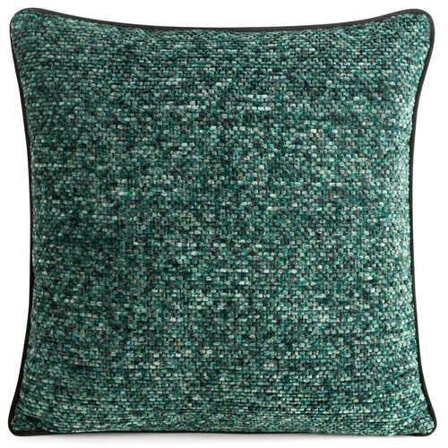 Kwadratowa poszewka o wymiarach 45 x 45 cm w kolorze miętowym, z widoczną teksturą przypominającą drobne sploty. Brzegi poszewki są wykończone ciemniejszą lamówką.