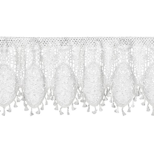 Biała firana o wymiarach 150 x 30 cm z ozdobnym, ażurowym wzorem i frędzlami na dolnej krawędzi. Materiał ma delikatną strukturę z widocznymi, symetrycznymi wzorami.