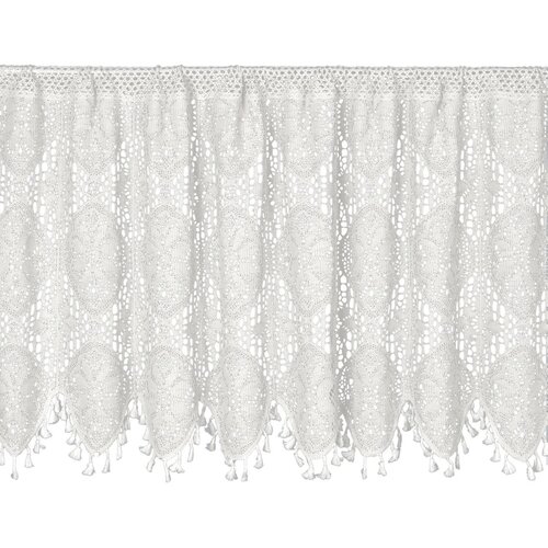 Biała firana o wymiarach 150 x 60 cm z delikatnym, ażurowym wzorem w kształcie owalnych motywów. Dolna krawędź firany jest ozdobiona frędzlami.