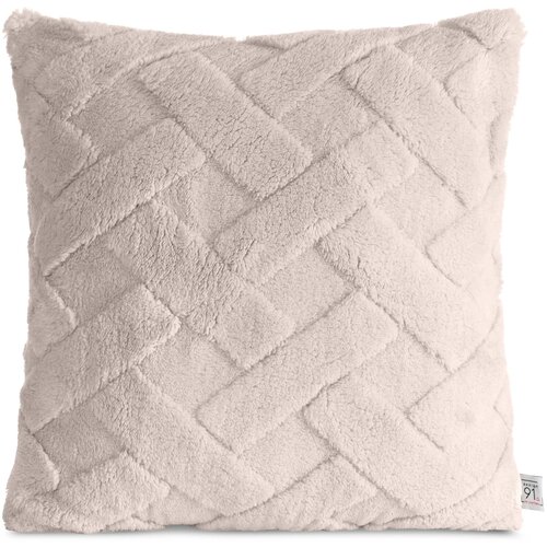 Beżowa poszewka o wymiarach 45 x 45 cm z widocznym wzorem w jodełkę, wykonana z miękkiego materiału. W dolnym rogu znajduje się metka z napisem "91".