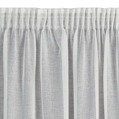 Na zdjęciu widoczna jest biała firana o fakturze delikatnej siatki, z marszczeniami u góry. Produkt to "Firana gotowa EUROFIRANY Melia 140 x 270 cm Biały".