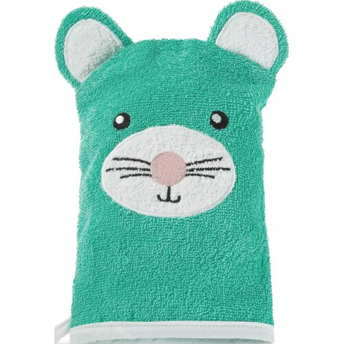 Miętowa myjka kąpielowa w kształcie zwierzątka z wyhaftowaną twarzą, w tym oczami, nosem i wąsami. Produkt wykonany z miękkiego materiału frotte, z białymi elementami na uszach i dolnej krawędzi.