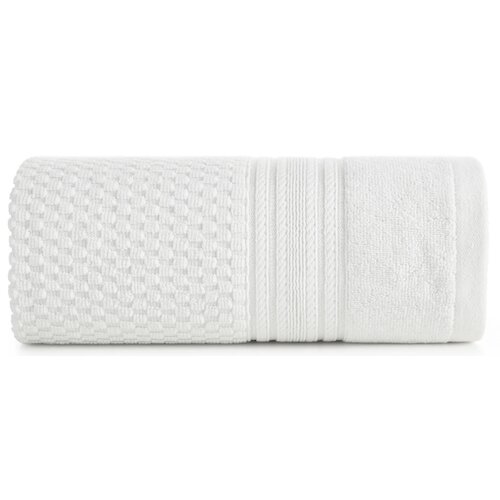 Zdjęcie przedstawia biały ręcznik o wymiarach 30 x 50 cm, zwinięty w rolkę. Ręcznik ma teksturę z wzorem w kratkę oraz gładkie pasy dekoracyjne.
