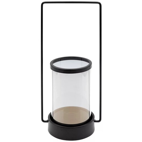 Czarny świecznik o wymiarach 15 x 12 x 32 cm z przezroczystym cylindrycznym szkłem, osadzony na okrągłej podstawie z metalowym uchwytem w kształcie prostokąta. Produkt marki EUROFIRANY.
