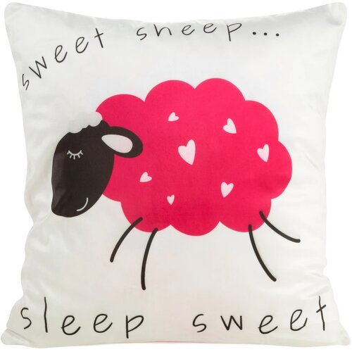 Biała poszewka z nadrukiem różowej owieczki z białymi serduszkami na wełnie. Na poszewce widnieje tekst: "sweet sheep... sleep sweet".