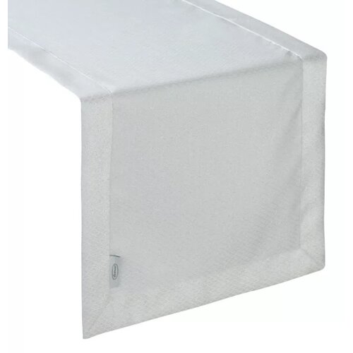 Biały bieżnik o wymiarach 40 x 200 cm z delikatnym wzorem, z widoczną metką z logo producenta. Produkt ma prostokątny kształt i jest starannie wykończony na brzegach.