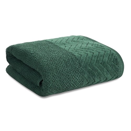 Zielony ręcznik o wymiarach 30 x 50 cm, z widocznym wzorem w jodełkę na jednej z krawędzi. Materiał wygląda na miękki i puszysty.
