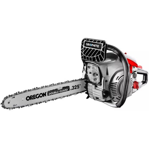 Na zdjęciu znajduje się spalinowa piła łańcuchowa z widocznym napisem "GRAPHITE" na osłonie oraz "OREGON DOUBLE GUARD .325" na prowadnicy. Piła ma metaliczną obudowę z czerwonymi i czarnymi elementami.