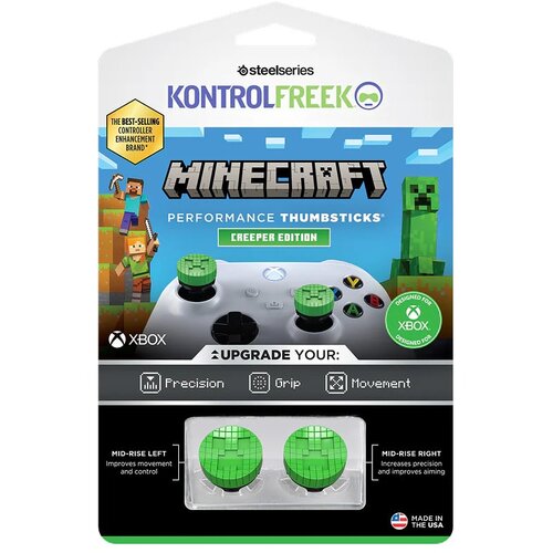 Opakowanie produktu "Nakładki na analogi KONTROLFREEK Minecraft Creeper do padów Xbox One/Xbox X/S" przedstawia dwa zielone nakładki z pikselowym wzorem, inspirowane grą Minecraft. Na opakowaniu widnieją napisy: "KONTROLFREEK", "MINECRAFT PERFORMANCE THUM
