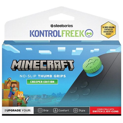 Opakowanie produktu z napisem "KontrolFreek" i "Minecraft No-Slip Thumb Grips Creeper Edition" zawiera grafikę przedstawiającą zieloną nakładkę na analog z motywem Creepera oraz postacie z gry Minecraft. Na opakowaniu widnieje również logo "SteelSeries" o