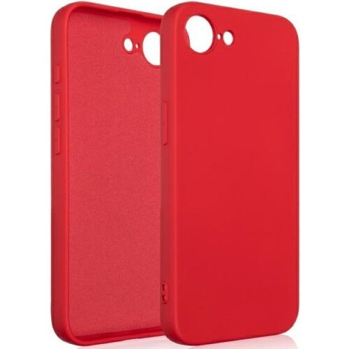 Czerwone etui silikonowe z wycięciami na aparat i przyciski, widoczne z przodu i z tyłu. Produkt ma gładką powierzchnię i jest przeznaczony do telefonu Apple iPhone 16e.