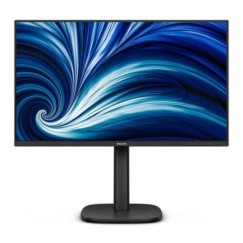 Monitor z cienkimi ramkami wyświetla dynamiczny, niebiesko-biały wzór przypominający wir. Na dolnej ramce widoczne jest logo "Philips".