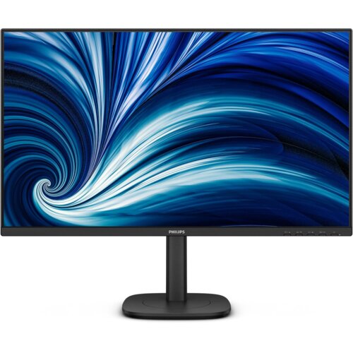 Na zdjęciu widoczny jest monitor z cienkimi ramkami, wyświetlający dynamiczny, niebiesko-biały wzór przypominający wir. Na dolnej ramce monitora znajduje się logo "PHILIPS".