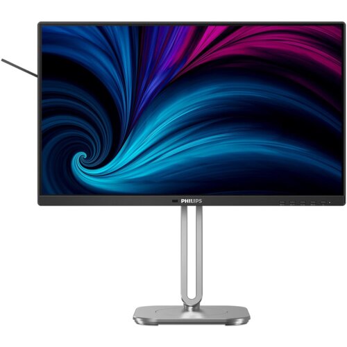 Monitor z cienkimi ramkami, wyświetlający abstrakcyjny wzór w odcieniach niebieskiego i fioletowego, umieszczony na metalowej podstawie. Na dolnej ramce widoczne jest logo "PHILIPS".