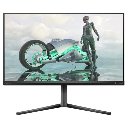 Monitor z cienkimi ramkami wyświetla grafikę przedstawiającą futurystyczny motocykl i postać w kombinezonie na tle chmur. Na dolnej ramce widoczne są napisy: "EVNIA" i "PHILIPS".