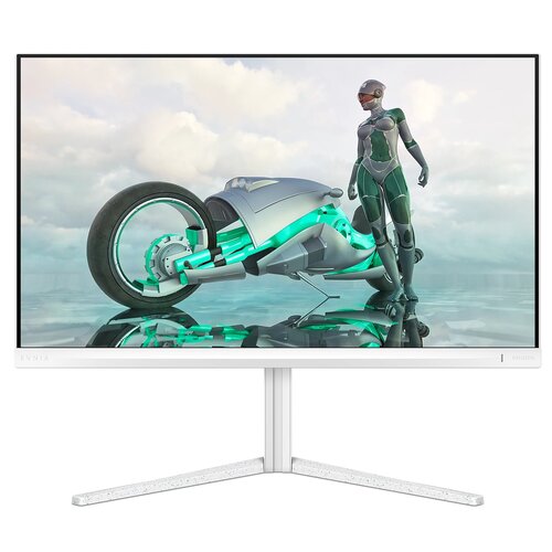 Monitor o białej ramce i podstawie wyświetla obraz futurystycznego motocykla i postaci w zbroi na tle nieba z chmurami. Na dolnej ramce widoczne są napisy "EVNIA" i "PHILIPS".