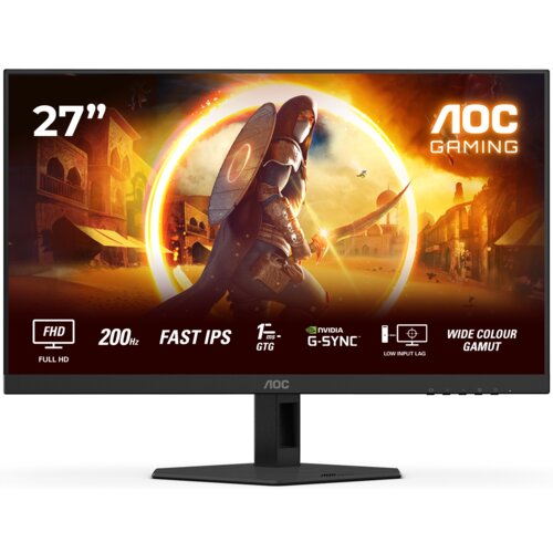 Monitor AOC 27G4HRE 27" wyświetla dynamiczną grafikę z postacią w zbroi na tle miasta, z widocznymi napisami: "27”", "FHD FULL HD", "200Hz", "FAST IPS", "1ms GTG", "NVIDIA G-SYNC", "LOW INPUT LAG", "WIDE COLOUR GAMUT" oraz logo "AOC GAMING". Na dolnej ram