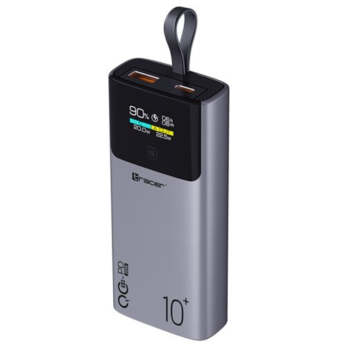 Szary powerbank z wyświetlaczem pokazującym 90% naładowania, czas 0.8h, oraz wartości 20.0W i 22.5W. Na obudowie widoczne są napisy: "Tracer", "QC3.0", "PD 20W" oraz "10+".