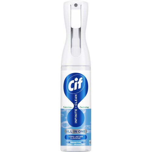 Biały spray czyszczący z niebieskimi elementami, na którym widnieje logo "Cif" oraz napisy: "INFINITE CLEAN", "Probiotics Technology", "ALL IN ONE", "LONG LASTING CLEANING", "SENSITIVE Lotus & Mineral Salt".