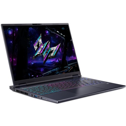 Laptop z kolorową klawiaturą i ekranem wyświetlającym futurystyczną grafikę z motywem kosmicznym. Na ekranie widoczne jest logo w kształcie litery "M".