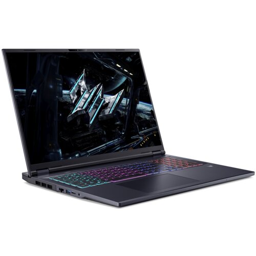 Laptop z dużym ekranem wyświetla grafikę z futurystycznym motywem, a klawiatura jest podświetlona wielokolorowym światłem. Na obudowie widoczne jest logo "Predator".